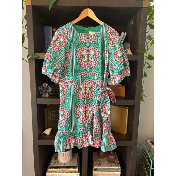 Emily Mccarthy Lola Green & Pink Mini Wrap Dress Size Medium $278 MSRP - Picture 3 of 7